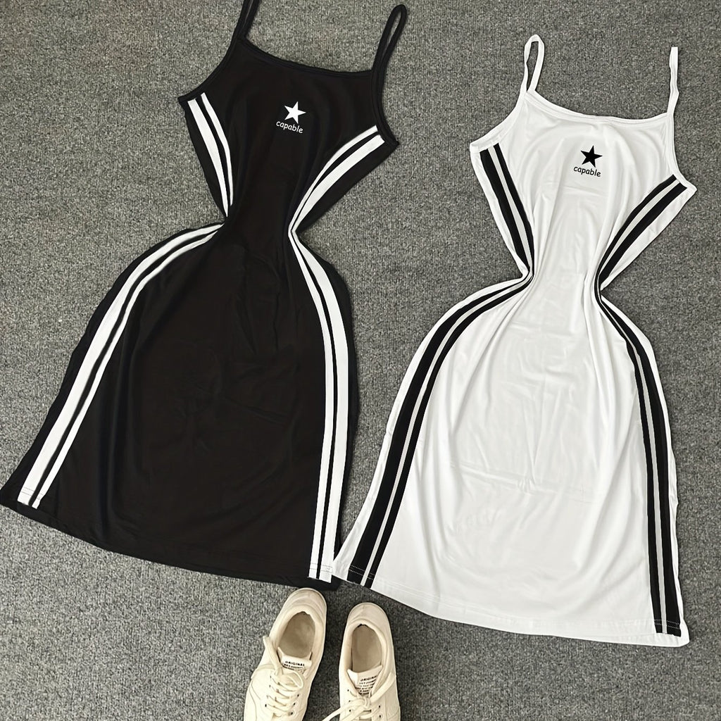 {2pcs} Star Pattern Color Block Thin Strap Sleeveless Dress