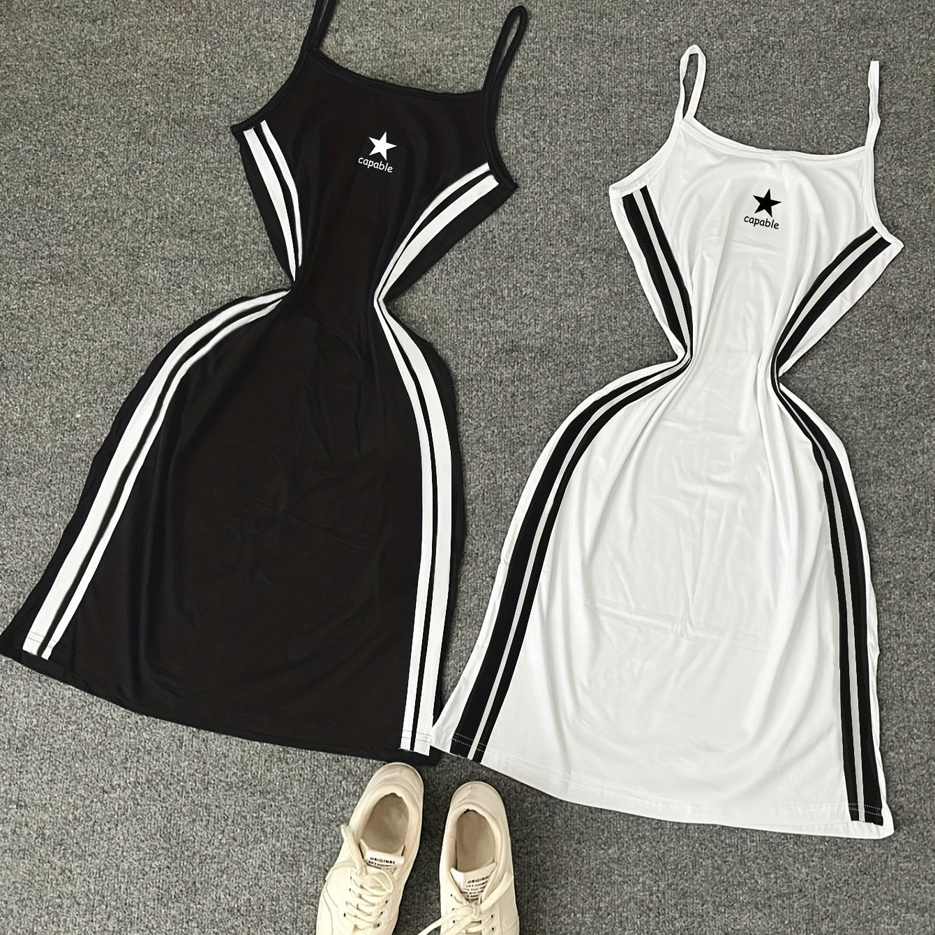 {2pcs} Star Pattern Color Block Thin Strap Sleeveless Dress