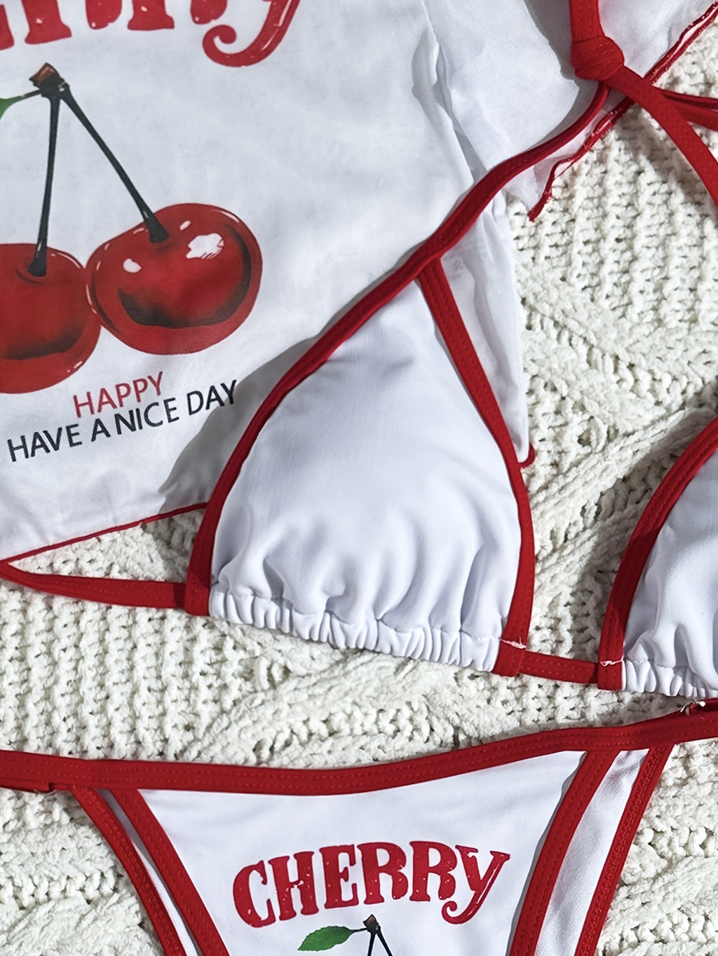 Letter Print Three-Piece Swimsuit Set with Halter Neck Top and High-Cut Triangle Bottoms Cherry Print