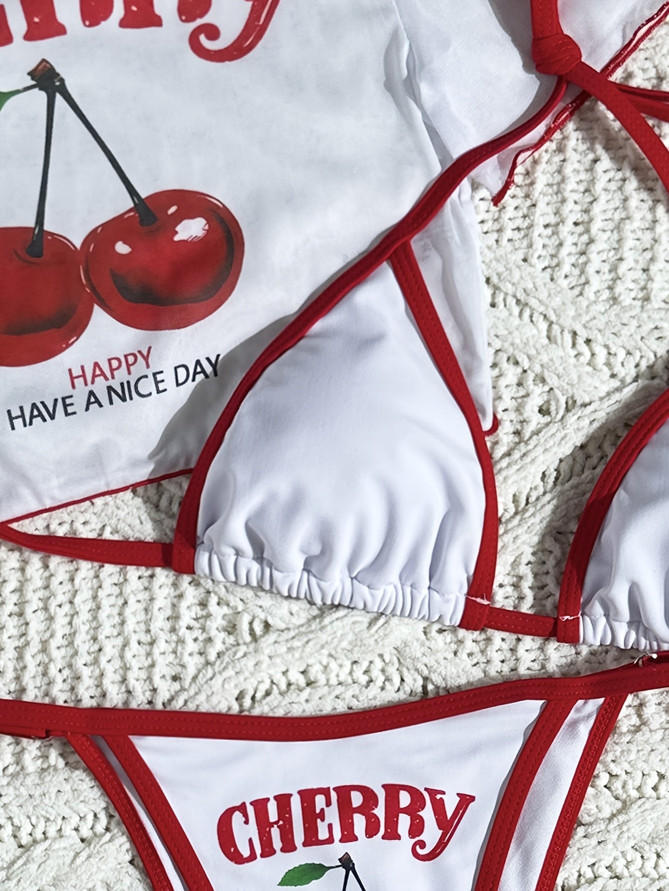 Letter Print Three-Piece Swimsuit Set with Halter Neck Top and High-Cut Triangle Bottoms Cherry Print