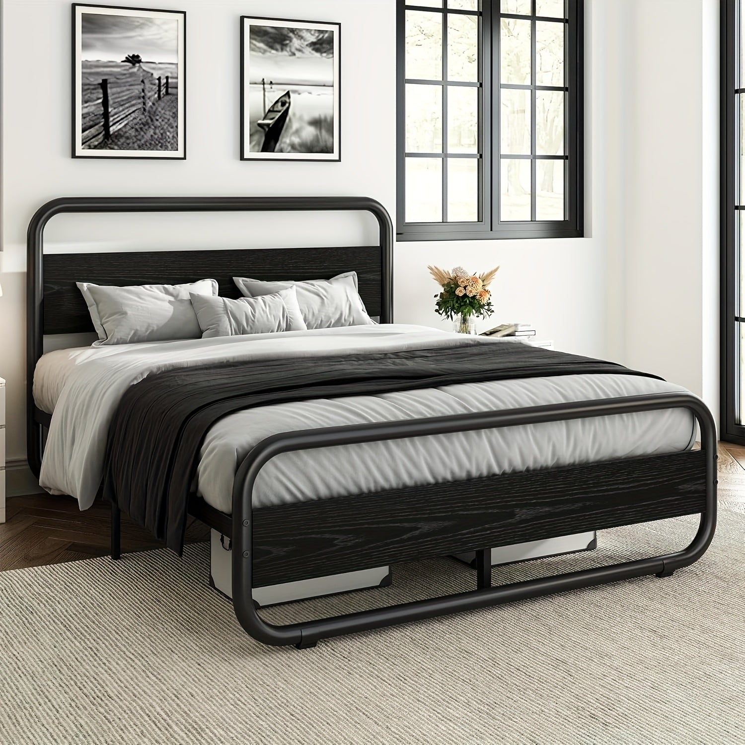 Twin Full Queen King Size Black/Brown/Grey/White Bed Frame with Wood Headboard
