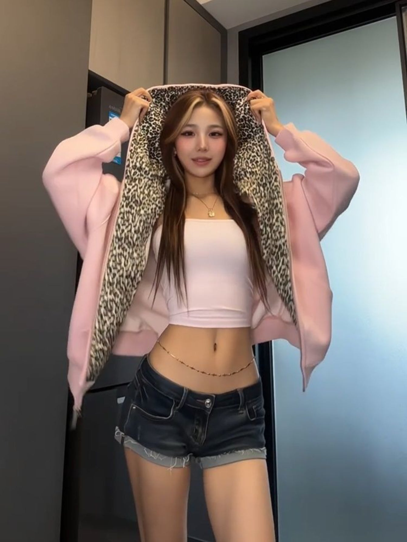 Leopard Print Hooded Jacket with Detachable Ear Flaps