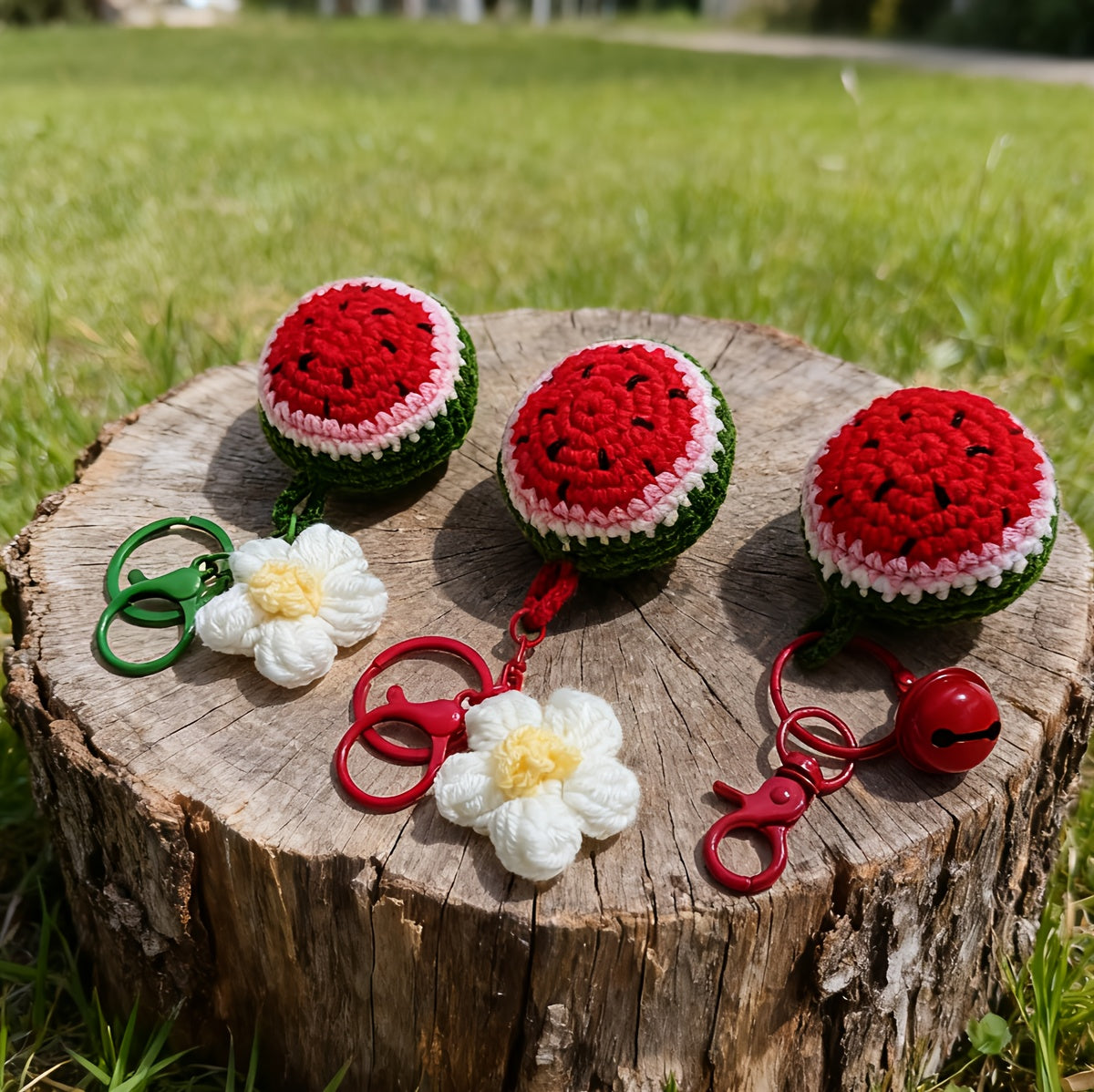 Handmade Crochet Watermelon Keychain with Red Bell