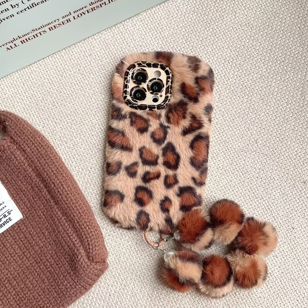 Fluffy Leopard Print iPhone Case with a Wrist Strap