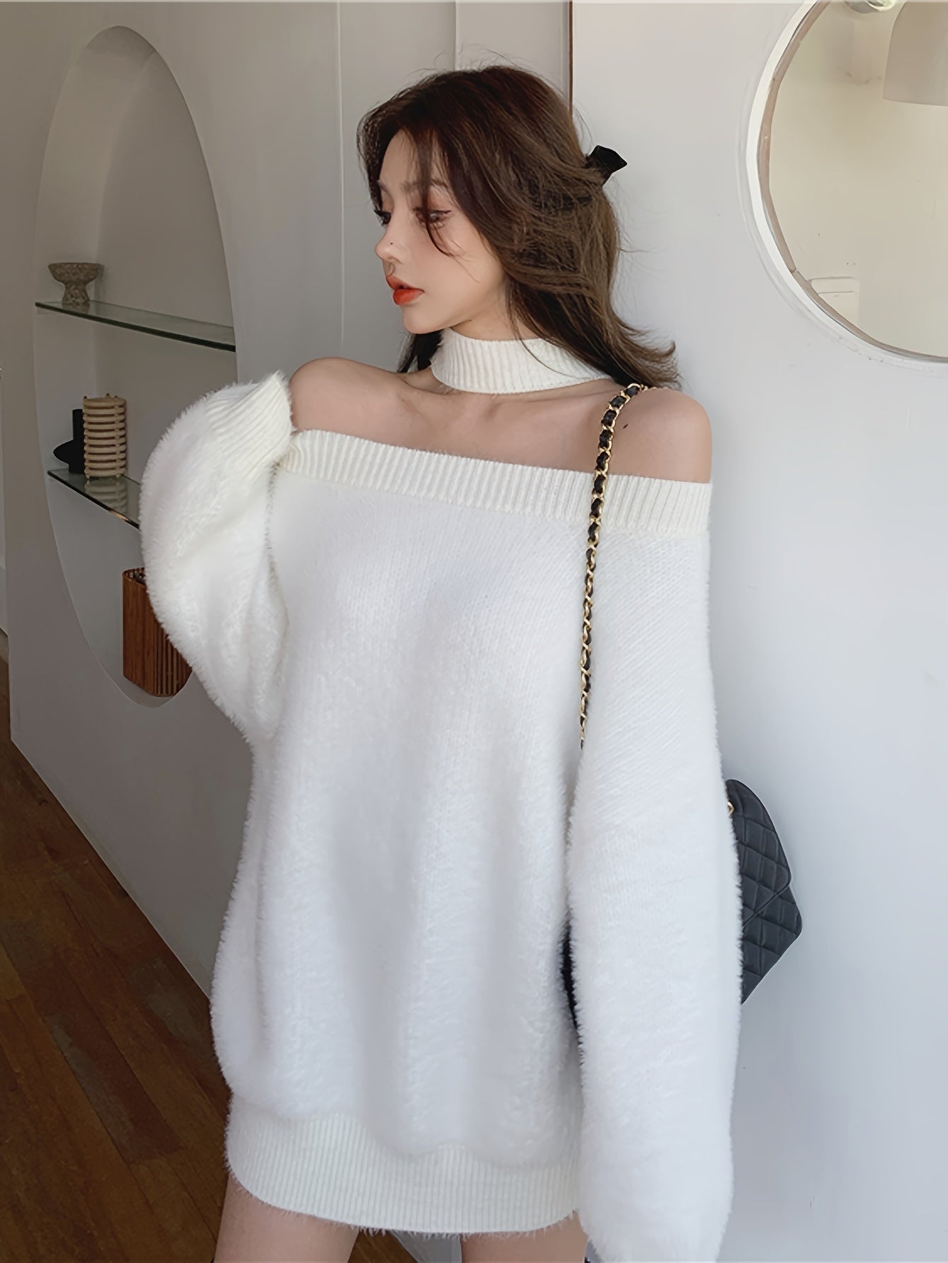 Women's Autumn Sweater, Winter Women Clothing Soft Warm Knit Pullover Fashion Korean Style Off-Shoulder Top