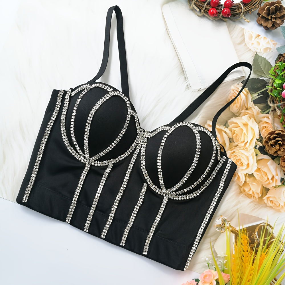 #8185 French Design Sleeveless Vest, Niche Shaping Underwear for Women, Fishbone Top with Studs and Shiny Rhinestones, Women'S Group Tightening Wrap Chest