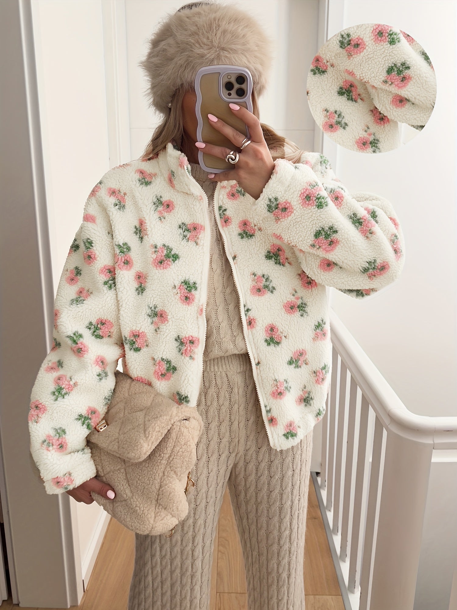 Women'S Floral Plush Cardigan Jacket - Cozy Fall/Winter Outerwear with Drop Shoulder Sleeves, Zip-Up Design, and Button Details, Lightweight & Warm for Casual Wear, Casual Wear Jacket | Floral Cardigan | Zippered Jacket