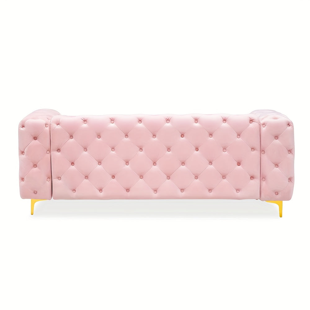 Mid-Century Modern Pink Velvet Tufted Button Sofa with Plush Cushions & Golden Metal Legs