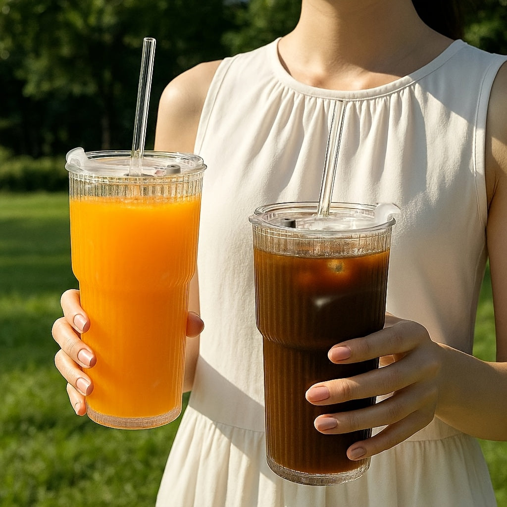 {1/2/4pcs] LDQ Striped Glass Cups with Straws & Lids