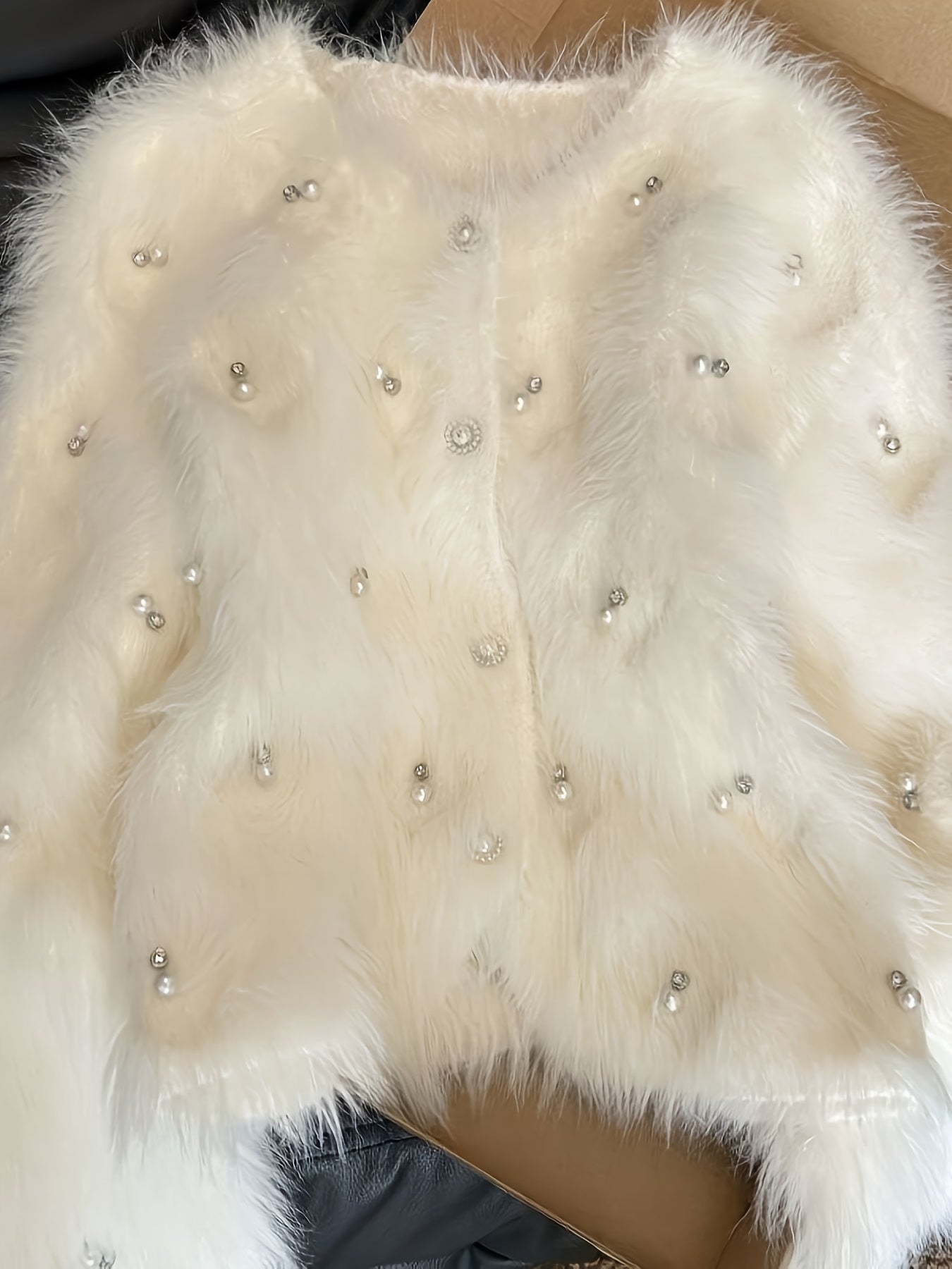 Pearl-Adorned White Sweater Jacket