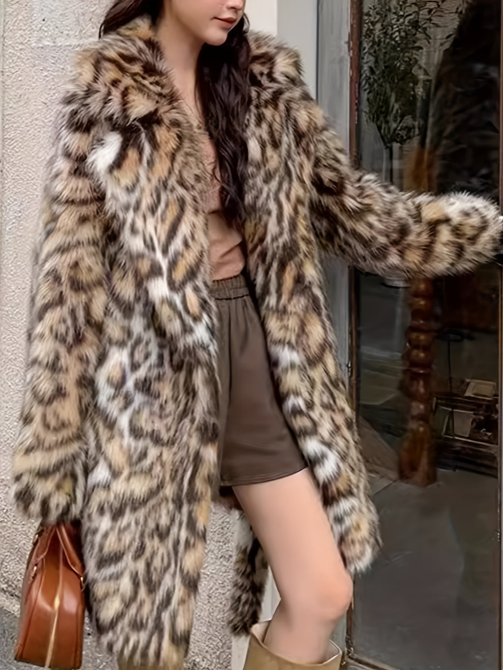 's Winter Warm Faux Fur Jacket - Elegant Collar Mid-Length Coat with White-Tipped Black Fur Trim, Machine Washable & Dry Cleanable, Casual Outerwear for Cold Weather (Leopard-like Appearance Without Pattern) - Coat for All