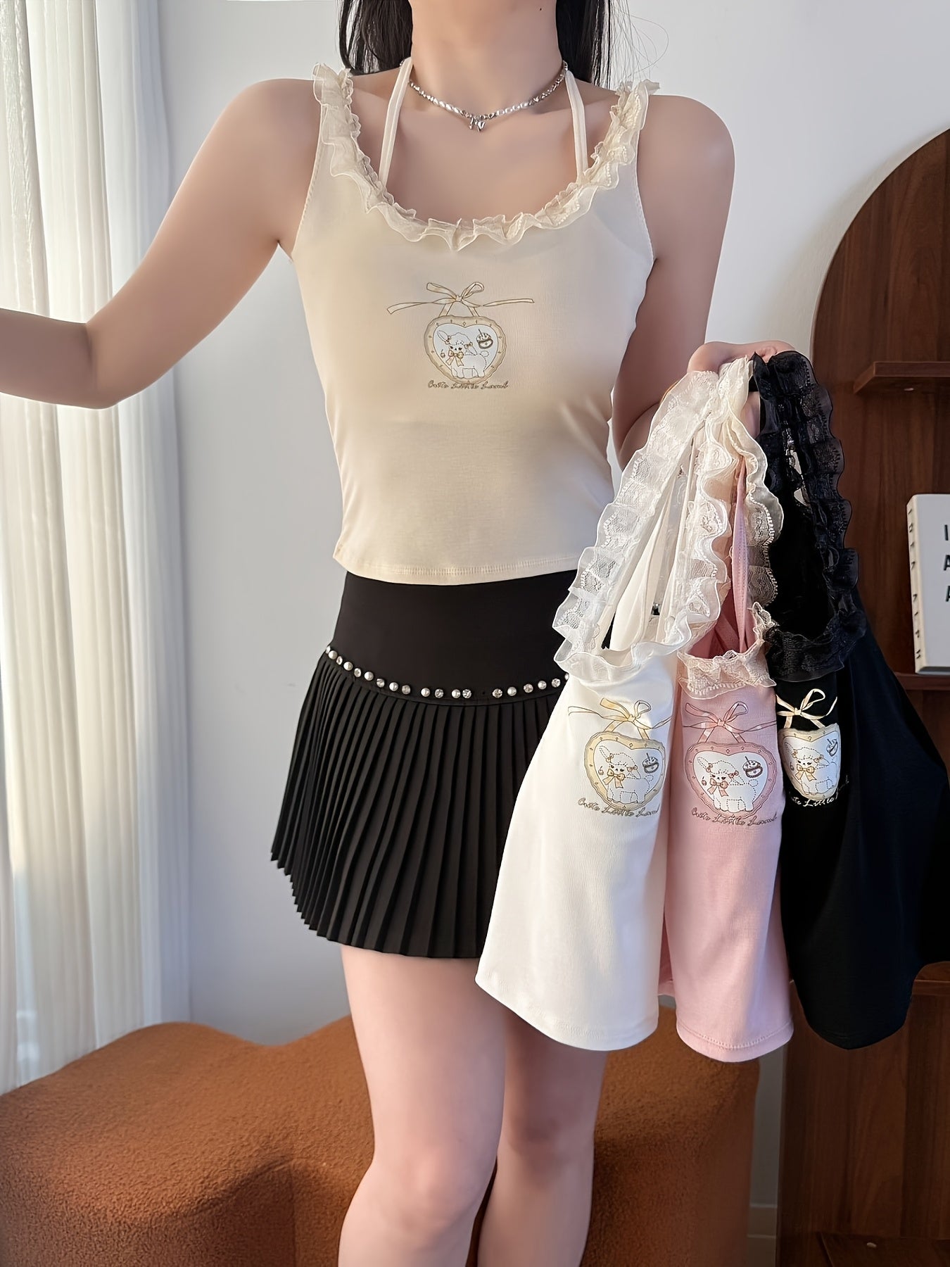 {4pcs} Cute Little Lamb Lace Trim Sleeveless Spaghetti Strap Tops with Built-in Bra Pads