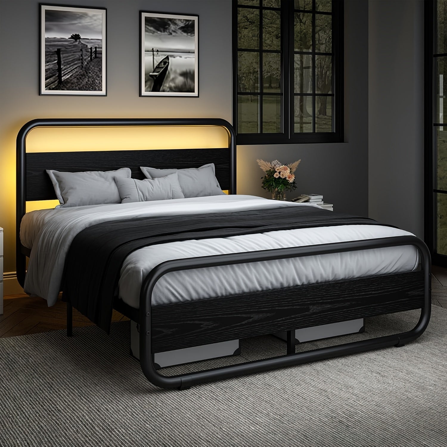 Twin Full Queen King Size Black/Brown/Grey/White Bed Frame with Wood Headboard