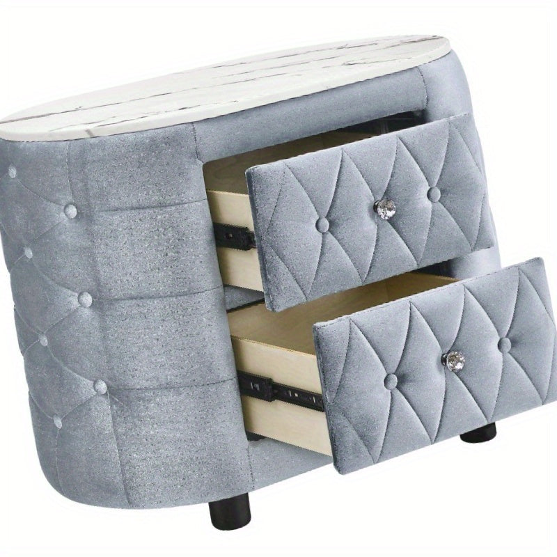 Modern Gray Nightstand with Marble Top & 2 Storage Drawers
