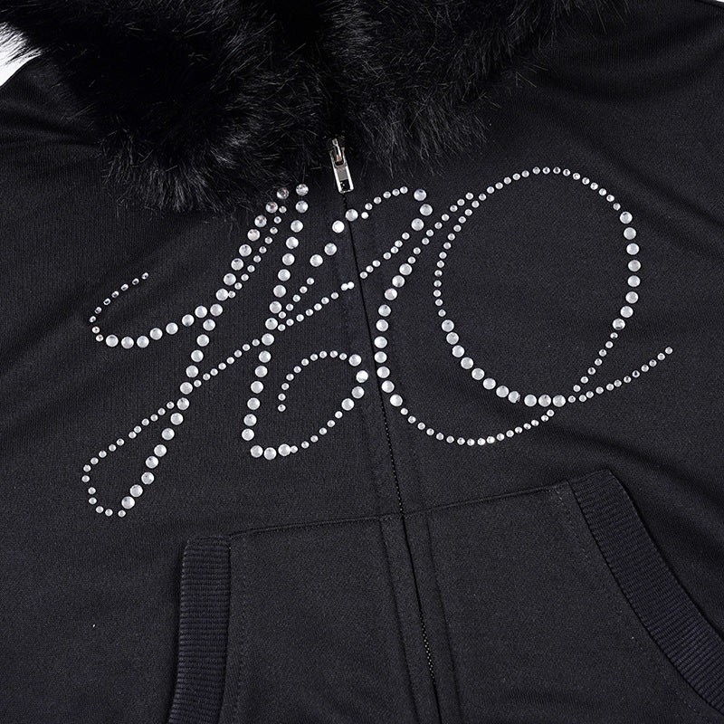 Casual Fleece Long Sleeve Zip-Up Hoodie Jacket with Rhinestone Letter Design