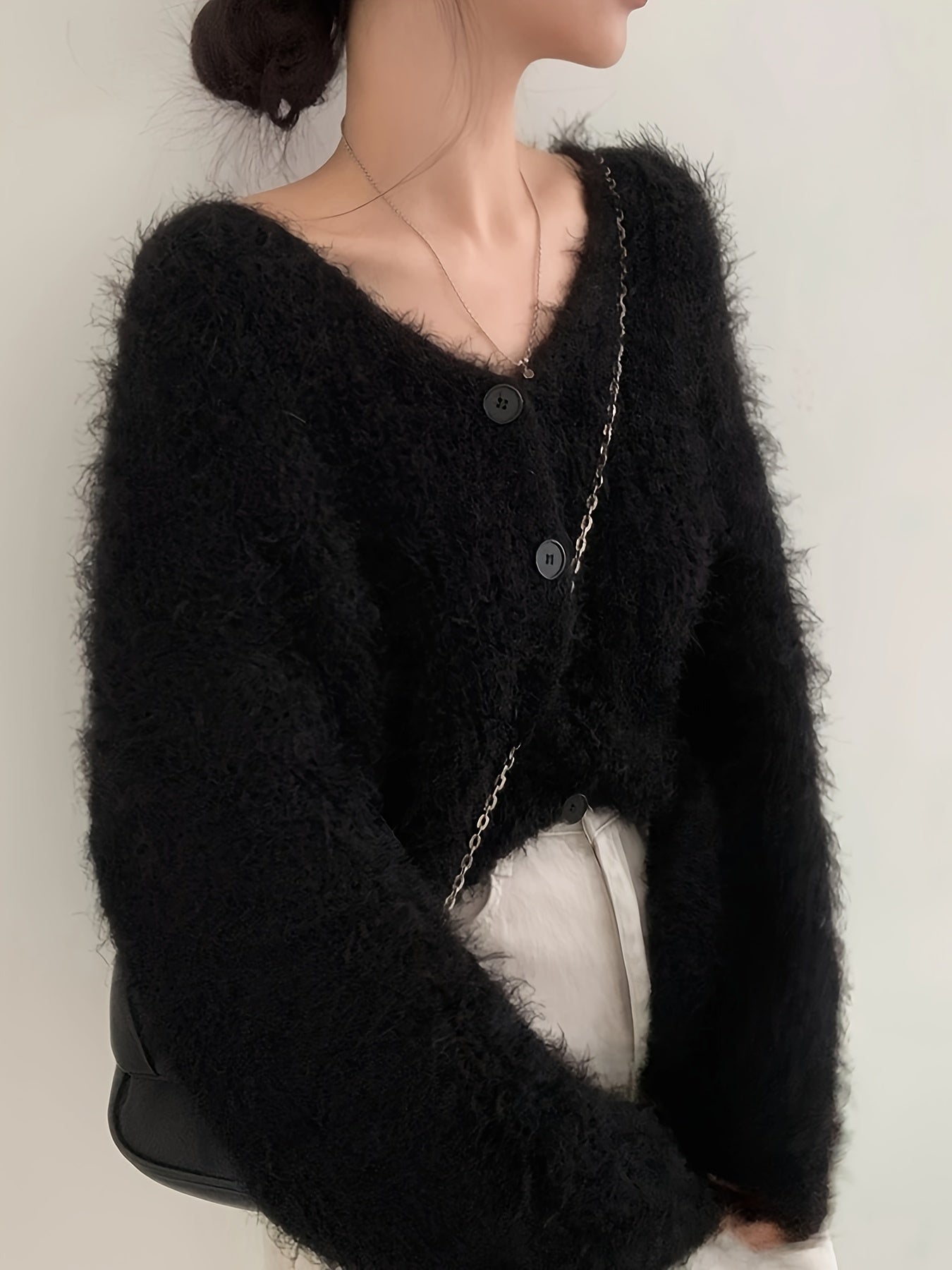 Women's Cozy V-Neck Sweater Coat Imitation Mink Cardigan - Loose Fit Long Sleeve Medium Stretch Fall Winter Casual Outerwear, Cute Sweater, Seasonal Wardrobe, Relaxed Silhouette, Soft Fabric, Casual Attire