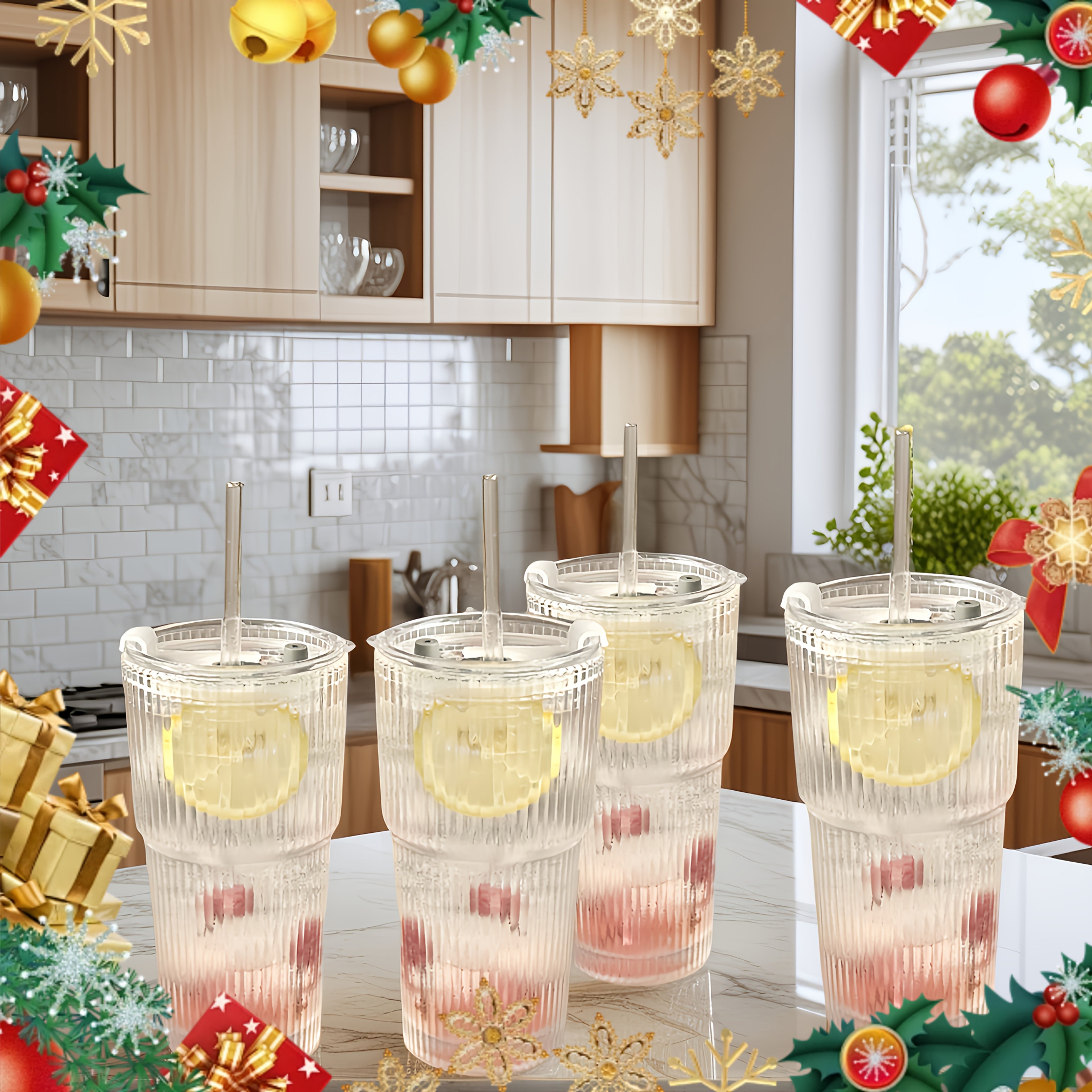 {1/2/4pcs] LDQ Striped Glass Cups with Straws & Lids