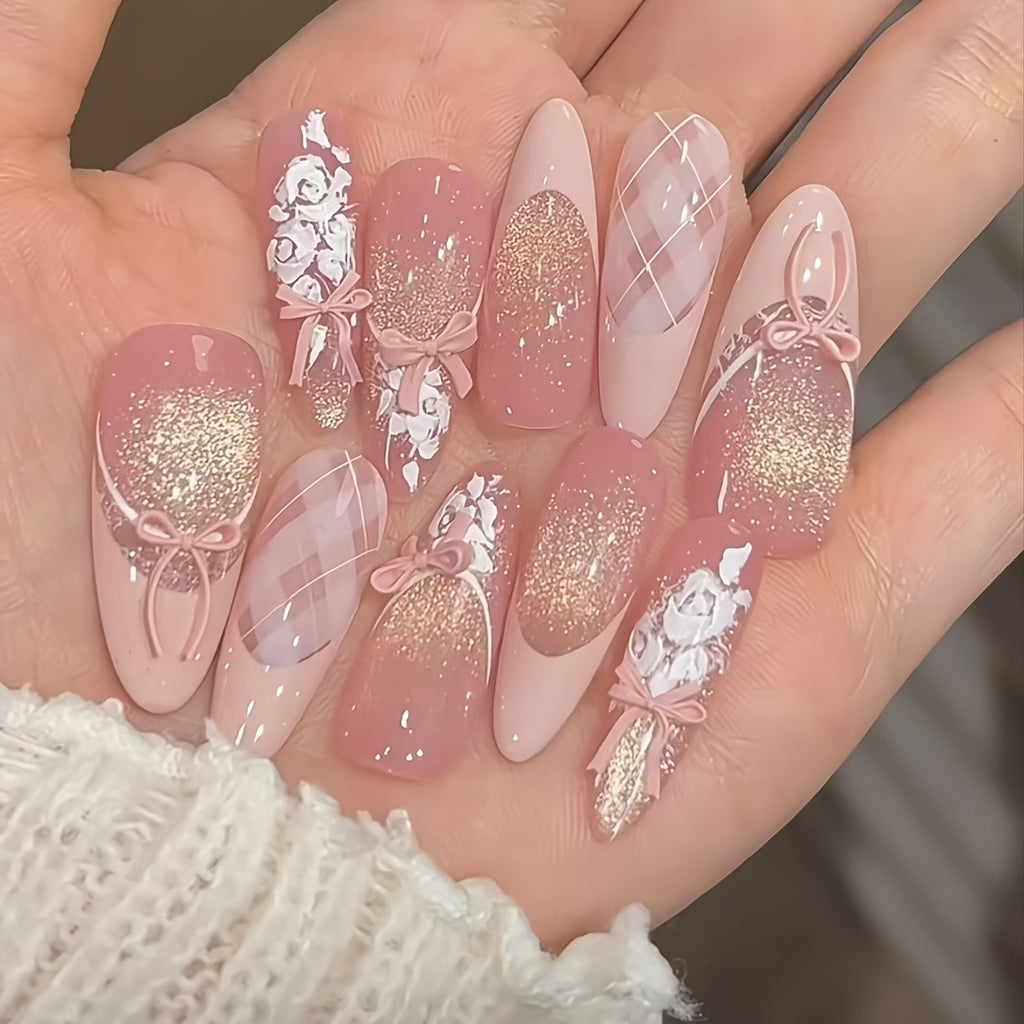 10pcs of Handcrafted Fairy Tale Story-Themed Sweet And Cute Cat-Eye French-Style Hand-Painted Gradient Floral Nail Art