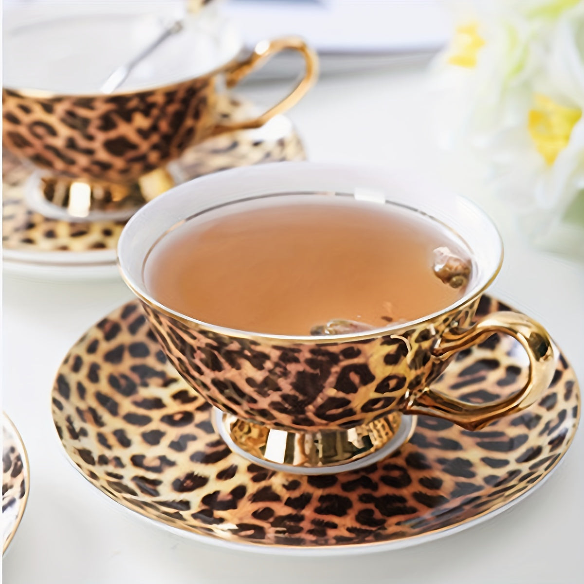 Leopard Print Ceramic Tea Cup、Spoon And Saucer Set