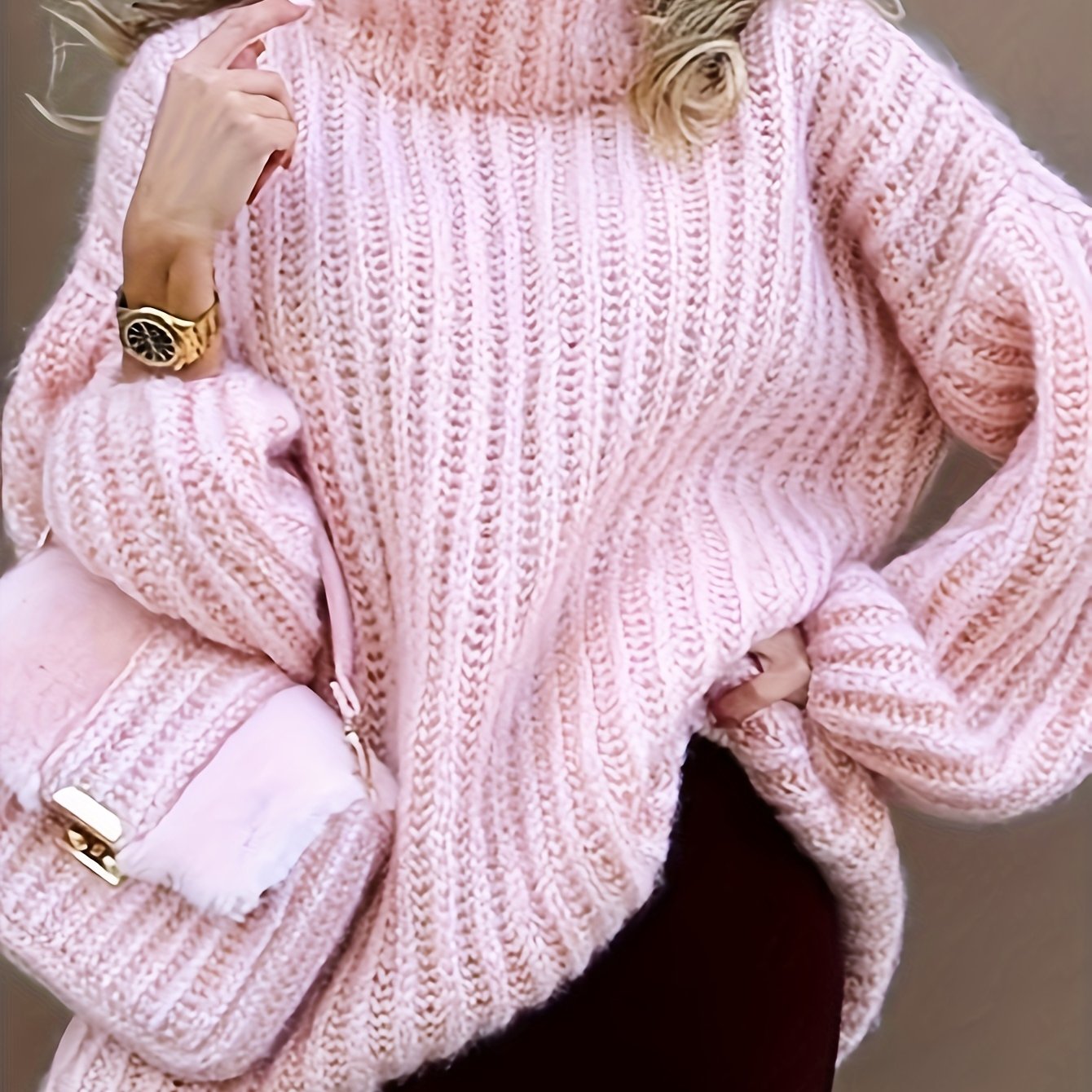 Cozy Pink Sweater with Puff Sleeves and Ribbed Detail