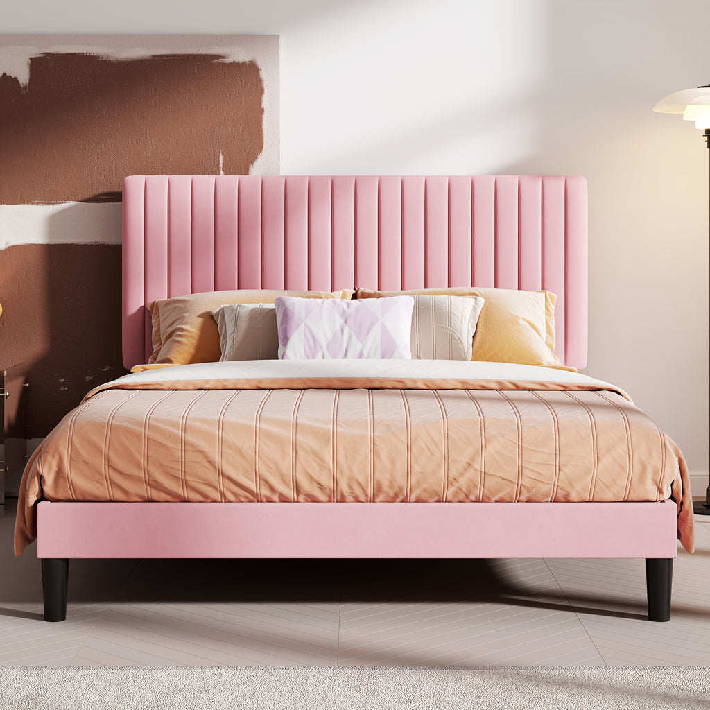 Modern Velvet Upholstered Bed Frame with Adjustable Headboard