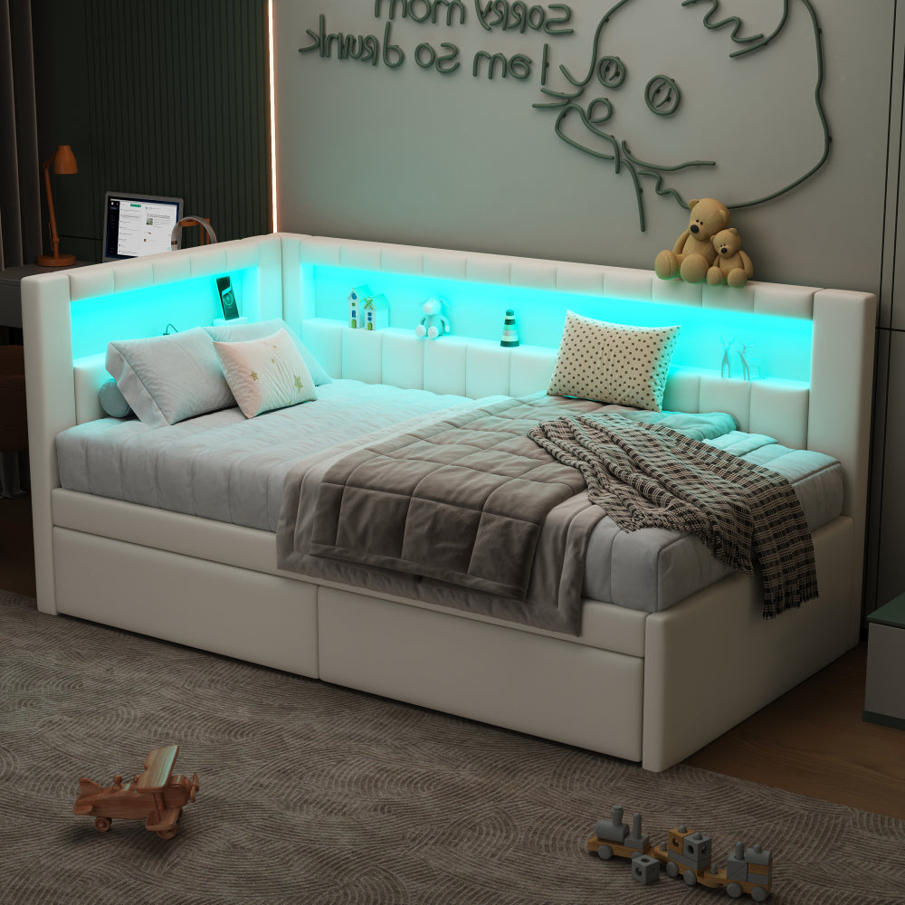 Modern White Upholstered Twin Size Platform Bed with USB Ports & RGB LED