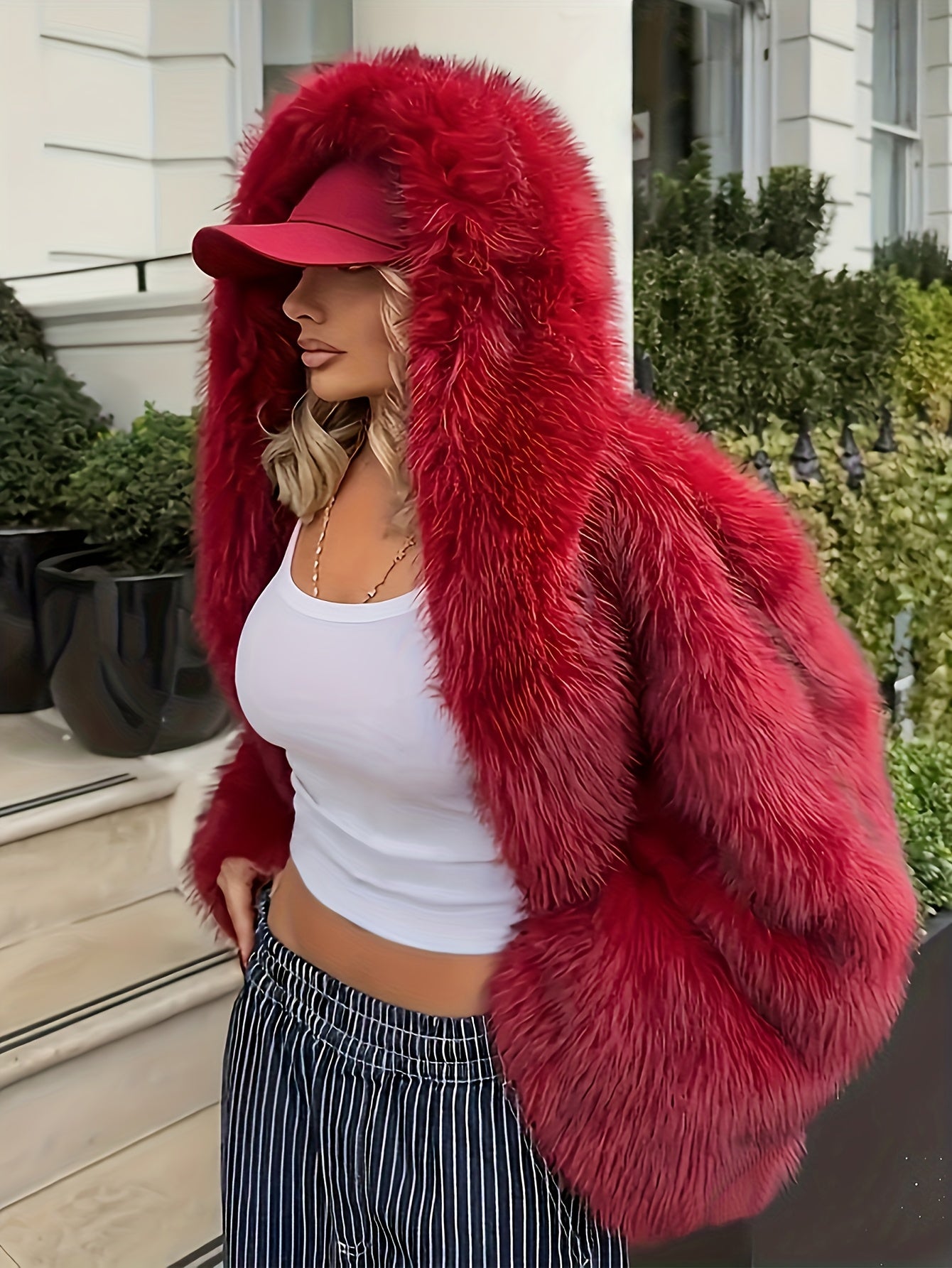 Women'S Elegant Red Faux Fur Hooded Coat - Long Sleeve, Button-Up Front, Fluffy Lined, Perfect for Fall/Winter, Casual Style, Winter Outerwear | Fluffy Lined Coat | Buttonup Coat, Winter Clothes For Women, Coat For Women, Sty