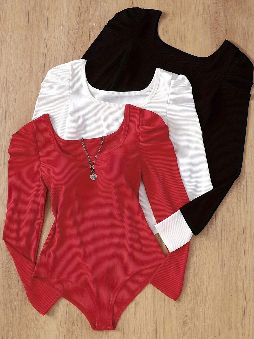 {3pcs} Long Sleeve Bodysuit with Puff Sleeves & Large Round Neck Bodysuit