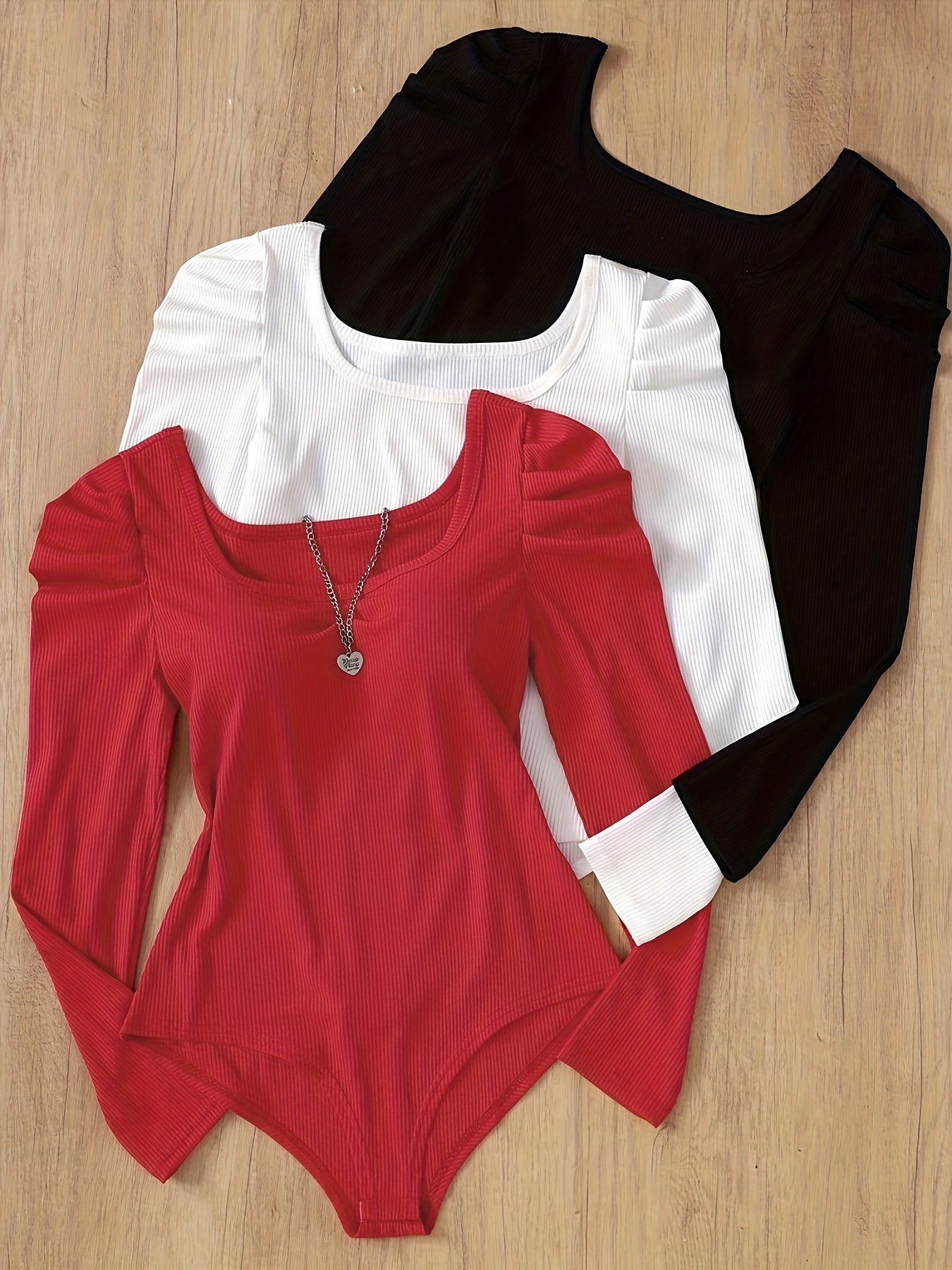 {3pcs} Long Sleeve Bodysuit with Puff Sleeves & Large Round Neck Bodysuit