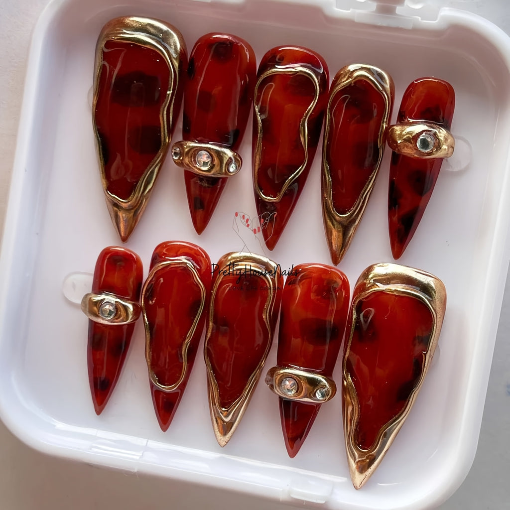 10pcs Full Coverage Nail Stickers - Long Almond Shape, Red Ombre with Metallic Accents