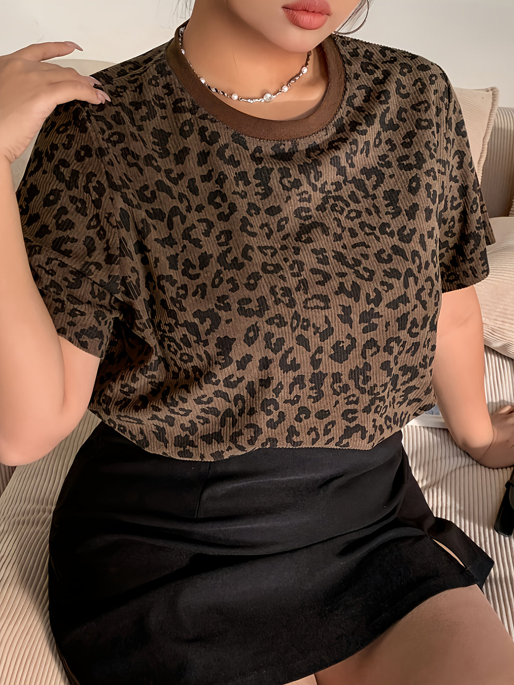 Brown & Black Leopard Print Short Sleeve Blouse