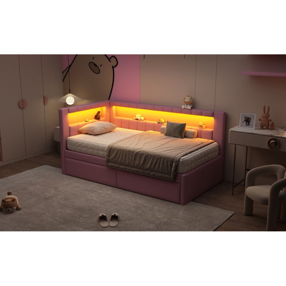Modern White Upholstered Twin Size Platform Bed with USB Ports & RGB LED