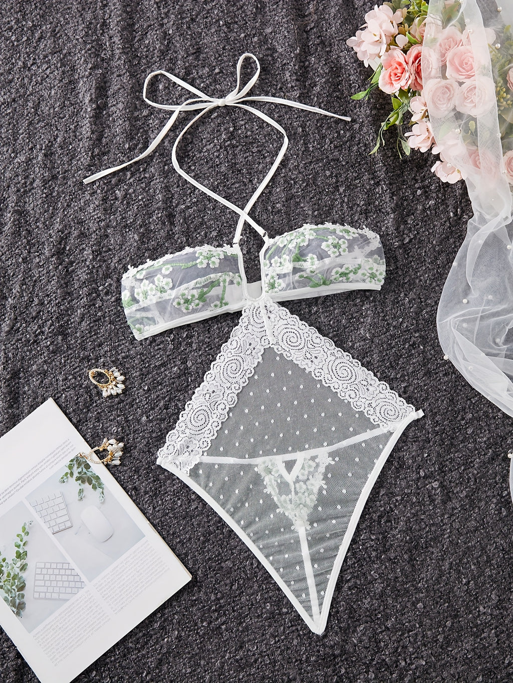 Lace and Mesh Embroidered Bodysuit with Ribbon Necktie