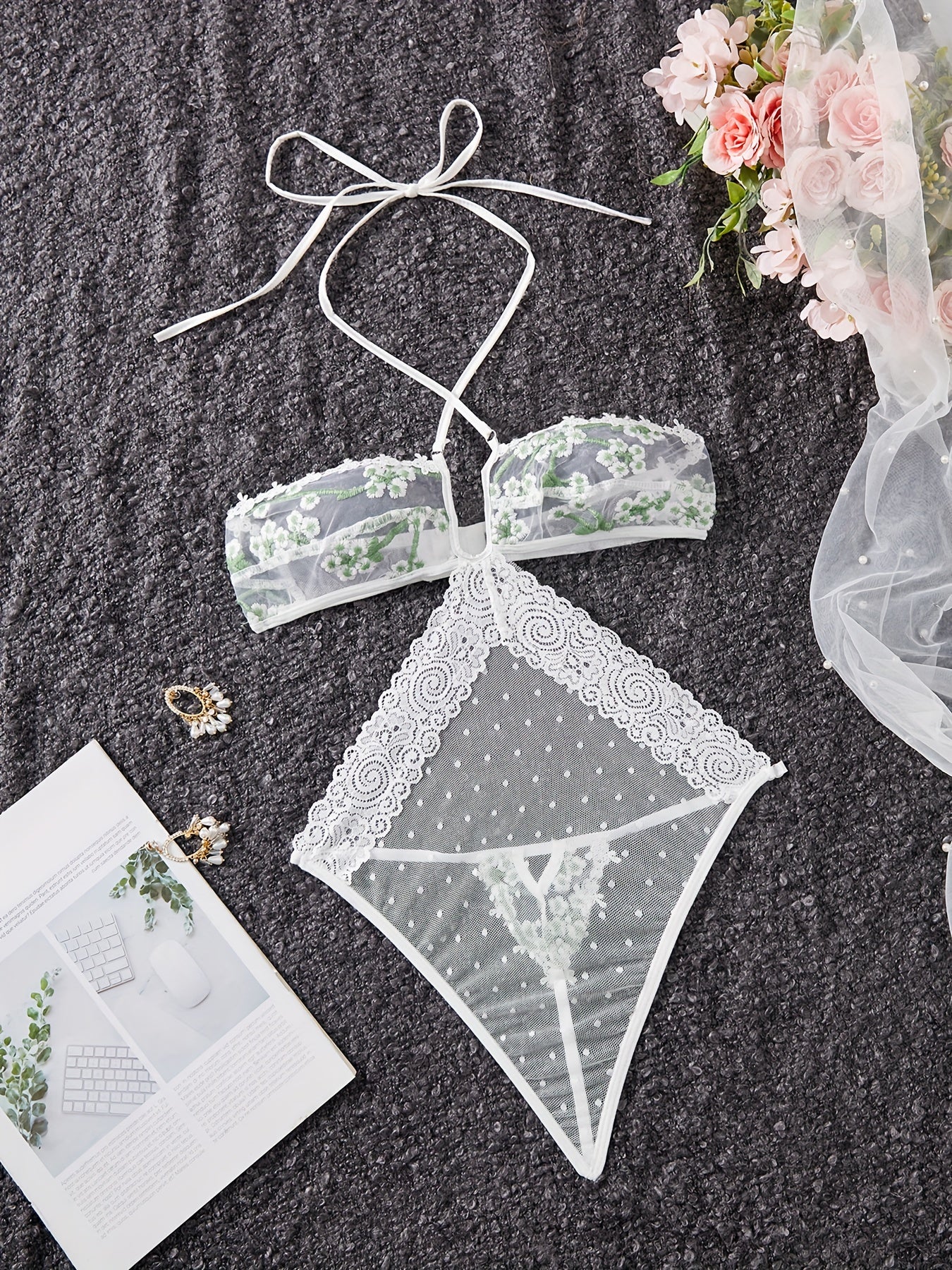 Lace and Mesh Embroidered Bodysuit with Ribbon Necktie