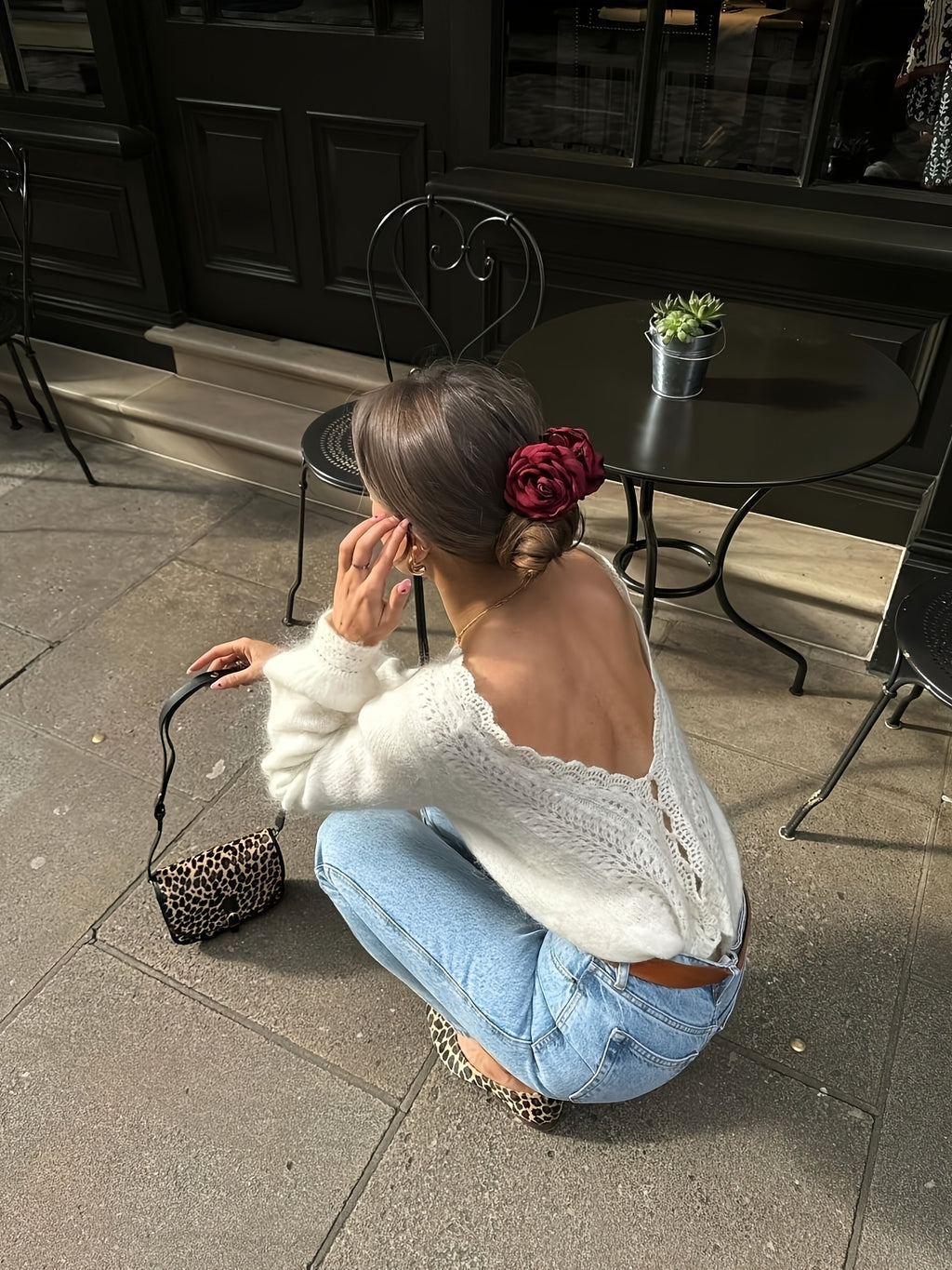 Backless Crochet Button Design Long Sleeve Pullover Sweater