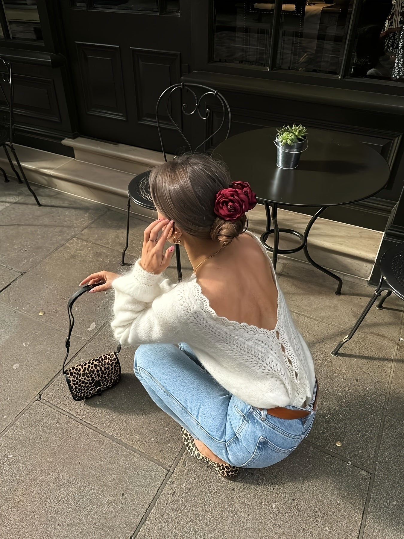 Backless Crochet Button Design Long Sleeve Pullover Sweater