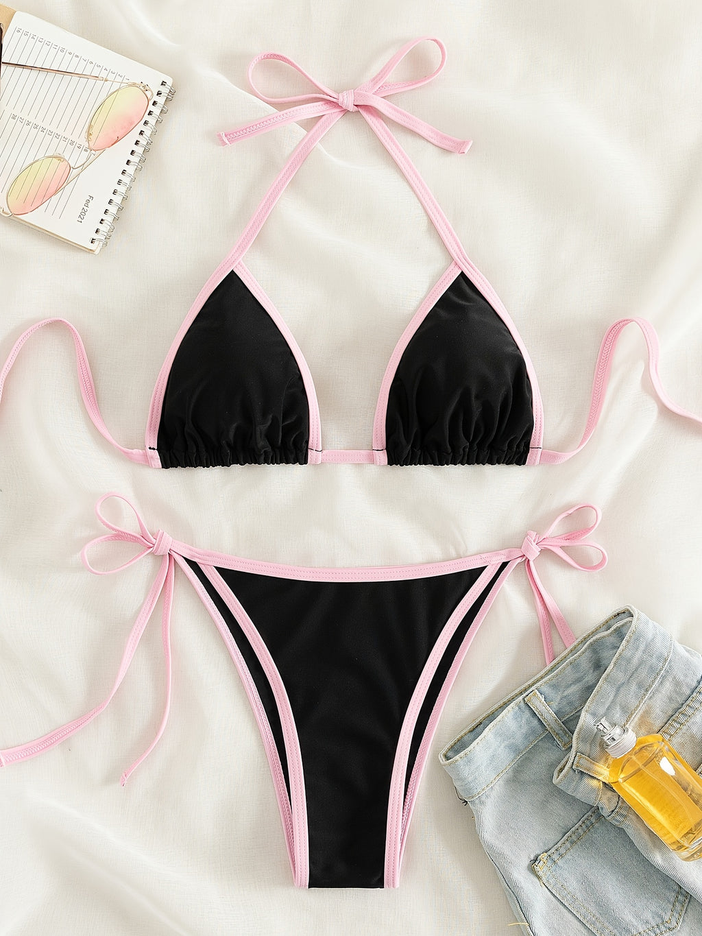 Contrast Trim Tie Side 2 Piece Bikini Swimsuit