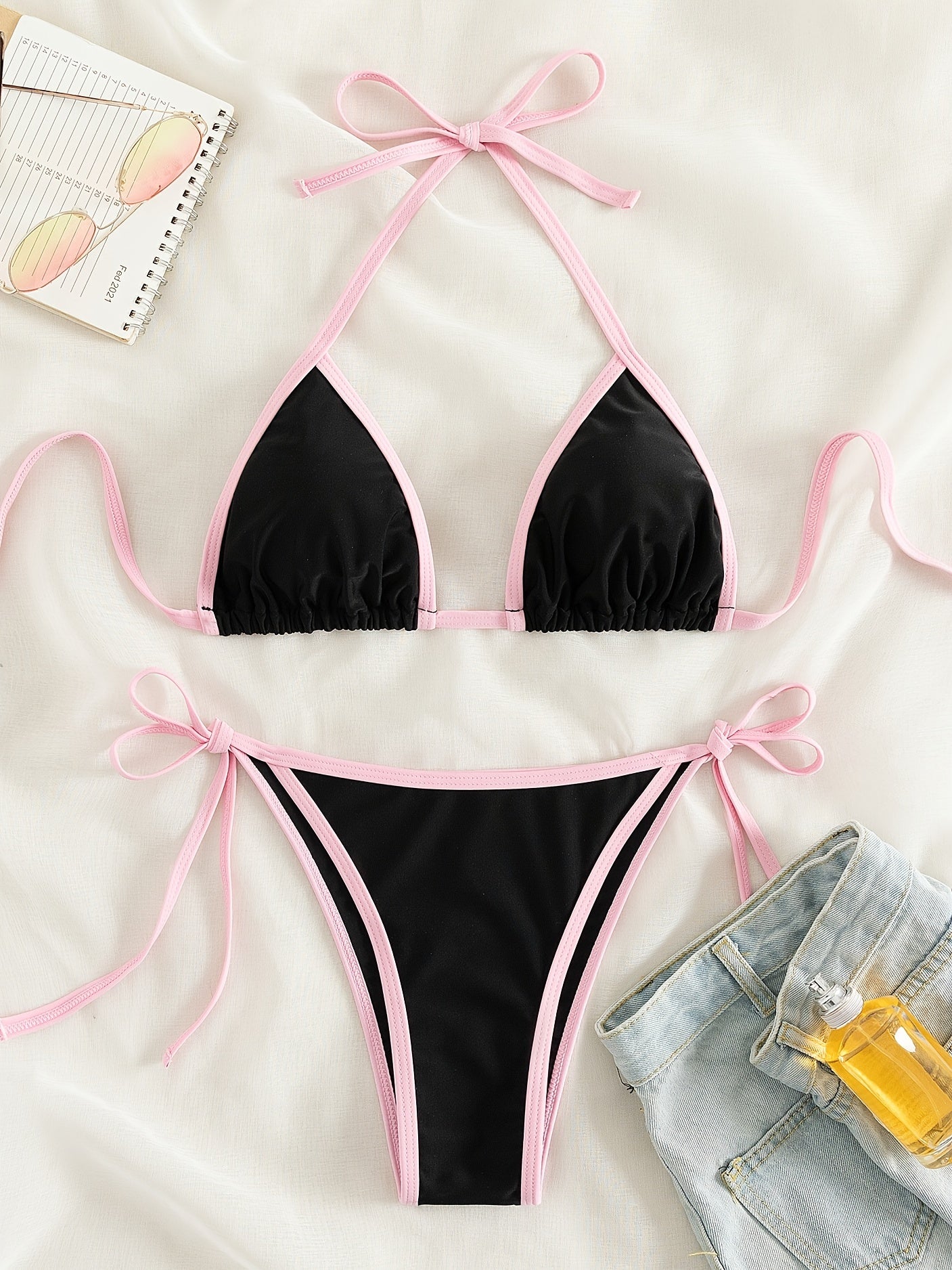 Contrast Trim Tie Side 2 Piece Bikini Swimsuit