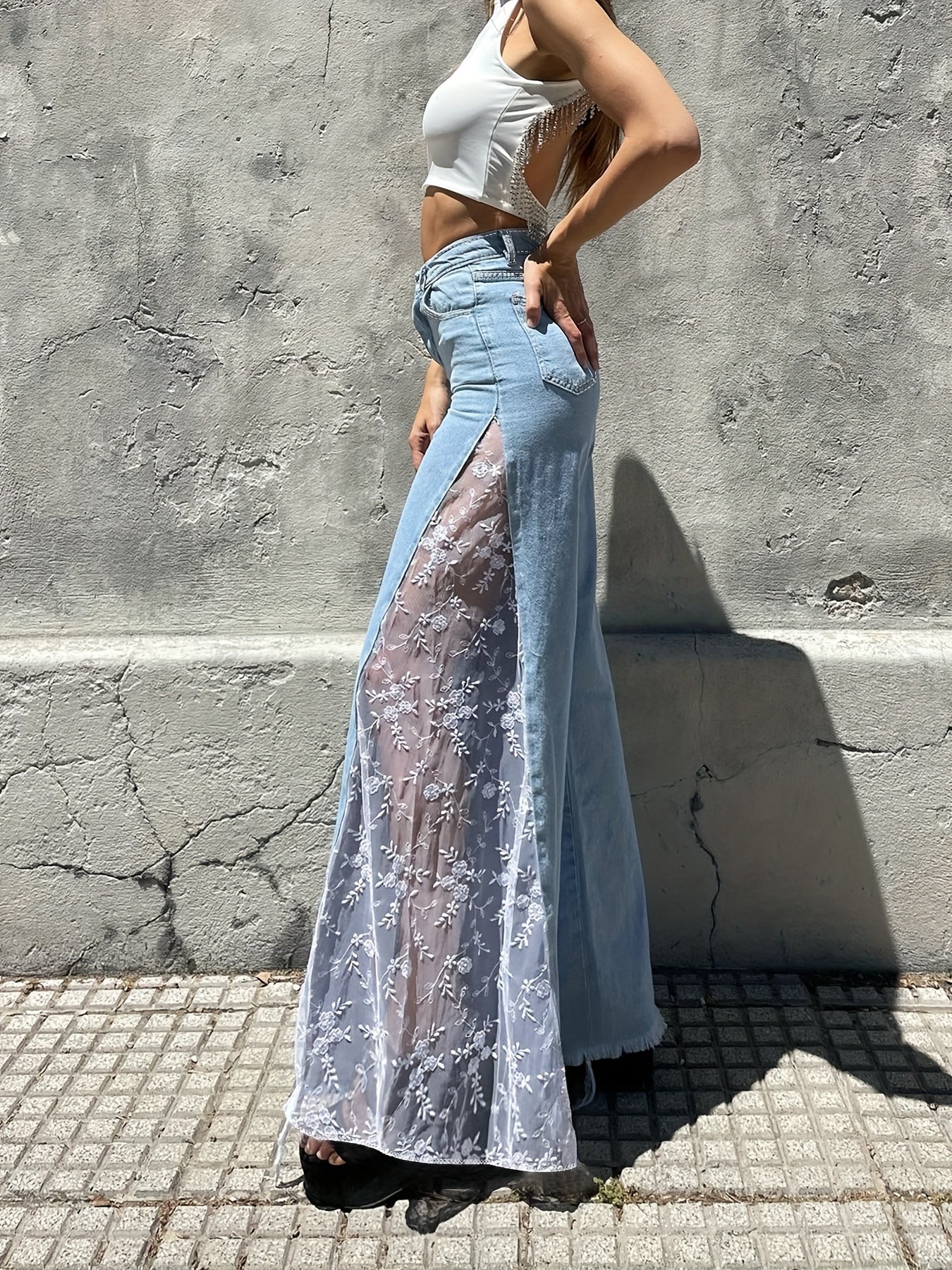 Denim Flared Trousers with Lace Stitching