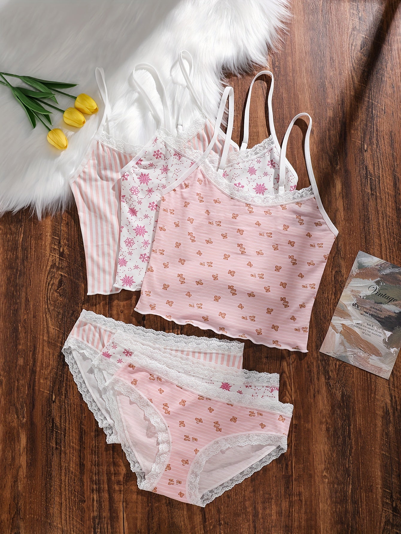 {3pcs} Lace Trim Floral & Striped Bikini-like Lingerie Set