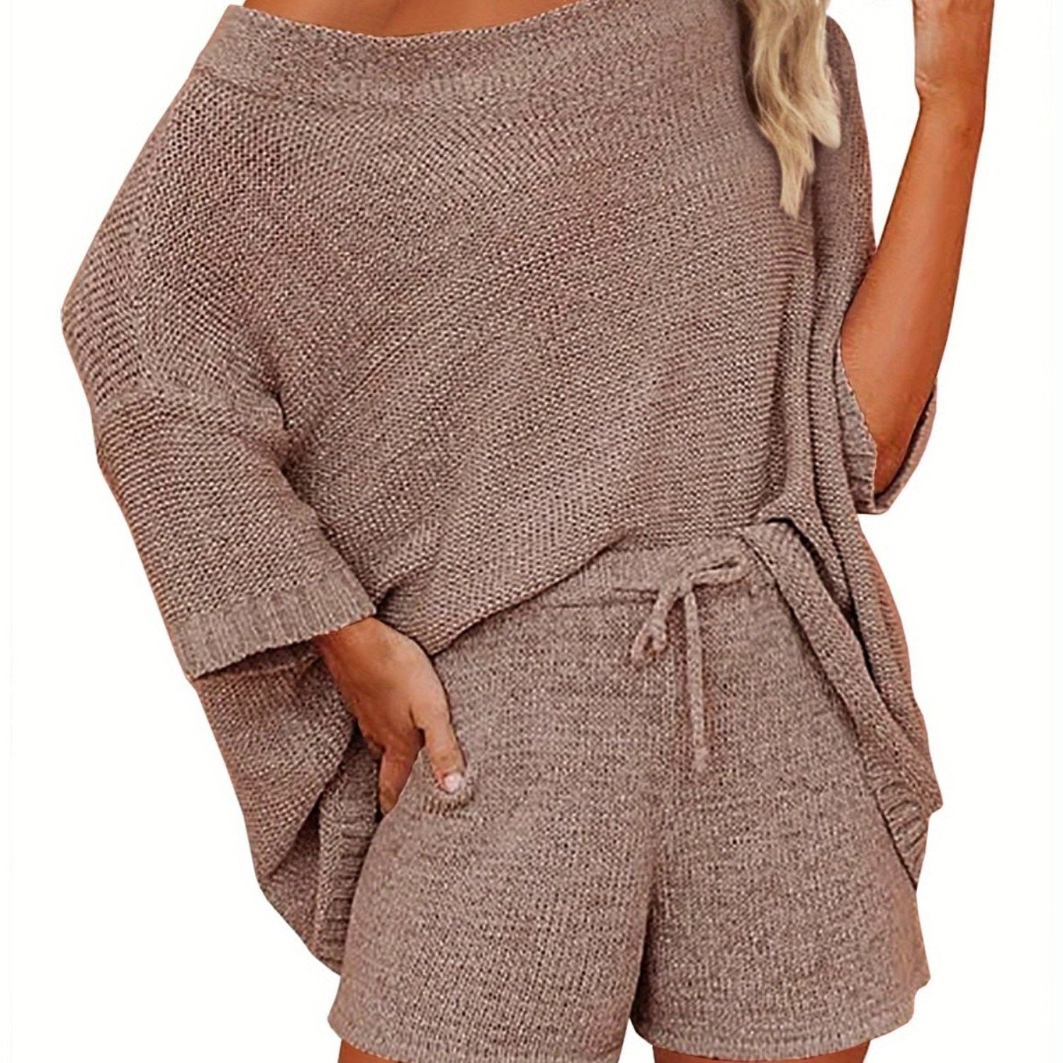 Women's 2pcs Outfits Sweater Sets Off Shoulder Knit Top Shorts Matching Suits Cute Pajama Lounge Set