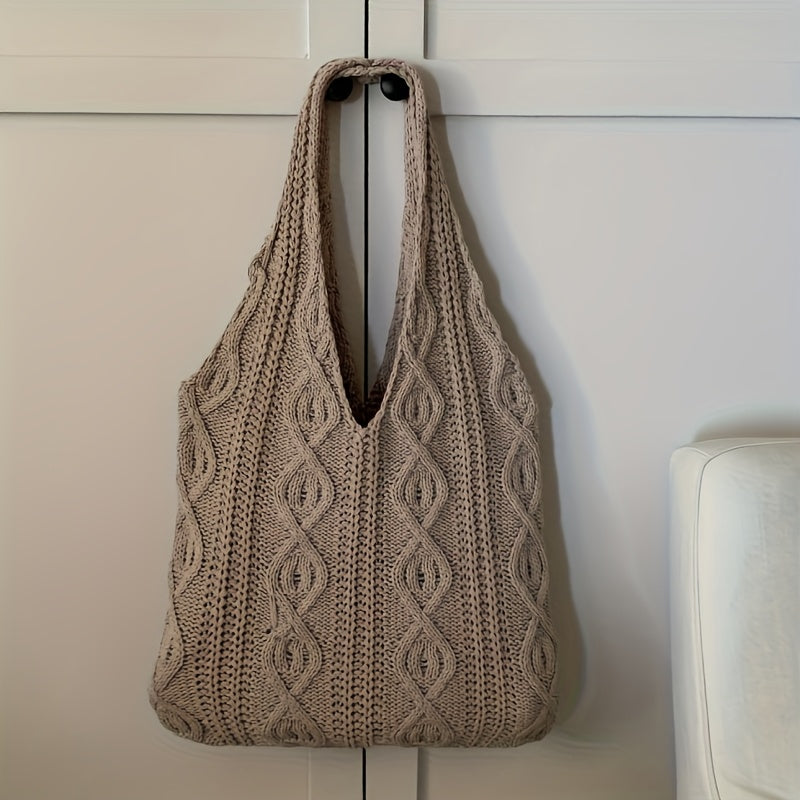 Vintage Knit Hobo Bag - Large Capacity Women'S Shoulder Bag with Intricate Braided Design, Beige Casual Tote for Shopping & Daily Use, Available in Three Colors | Retro Style Handbag | Open Design, Casual Shoulder Bag | Retro
