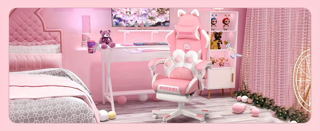 Pink Kawaii Cat Ear Gaming Chair with Paw Cushion
