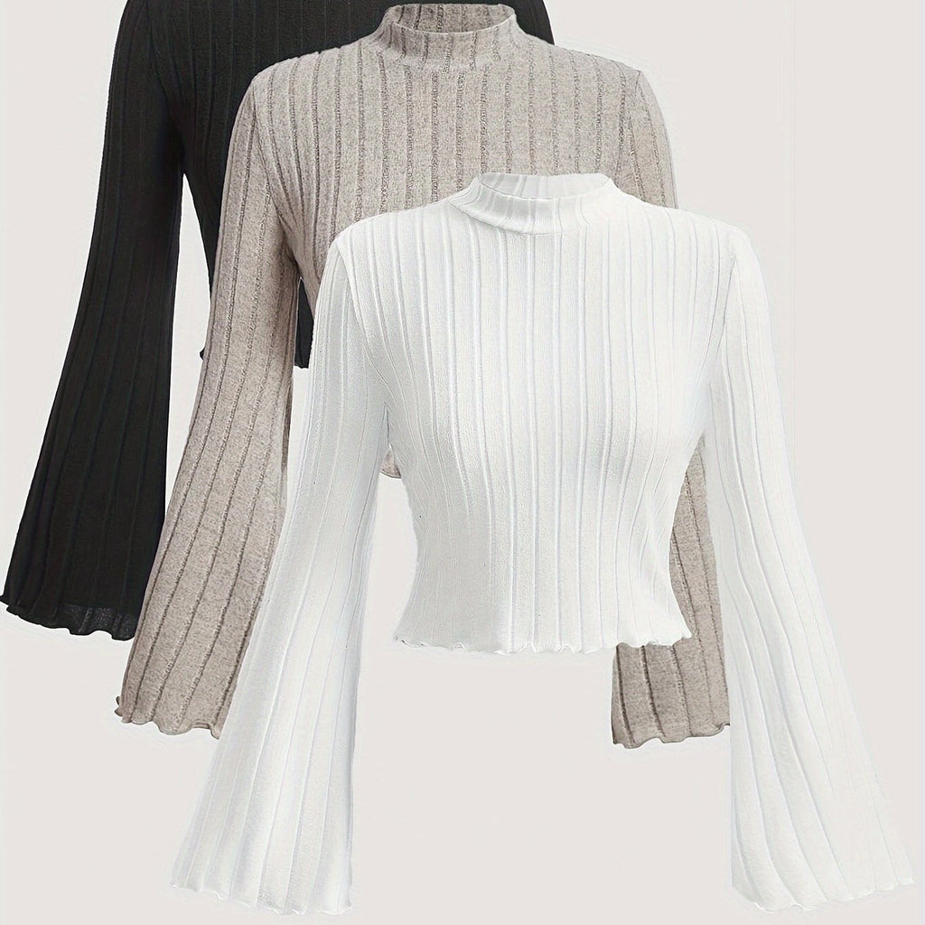 Elegant Crew Neck Long Sleeve T-Shirts {3pcs}