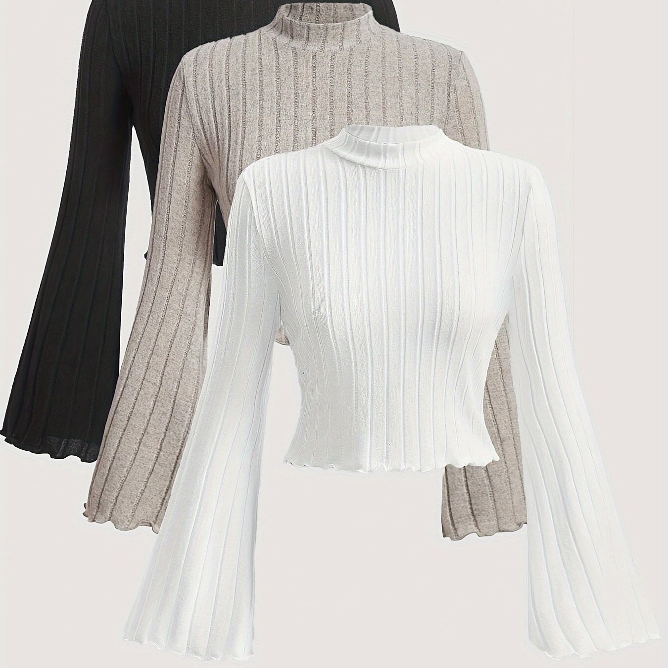 Elegant Crew Neck Long Sleeve T-Shirts {3pcs}