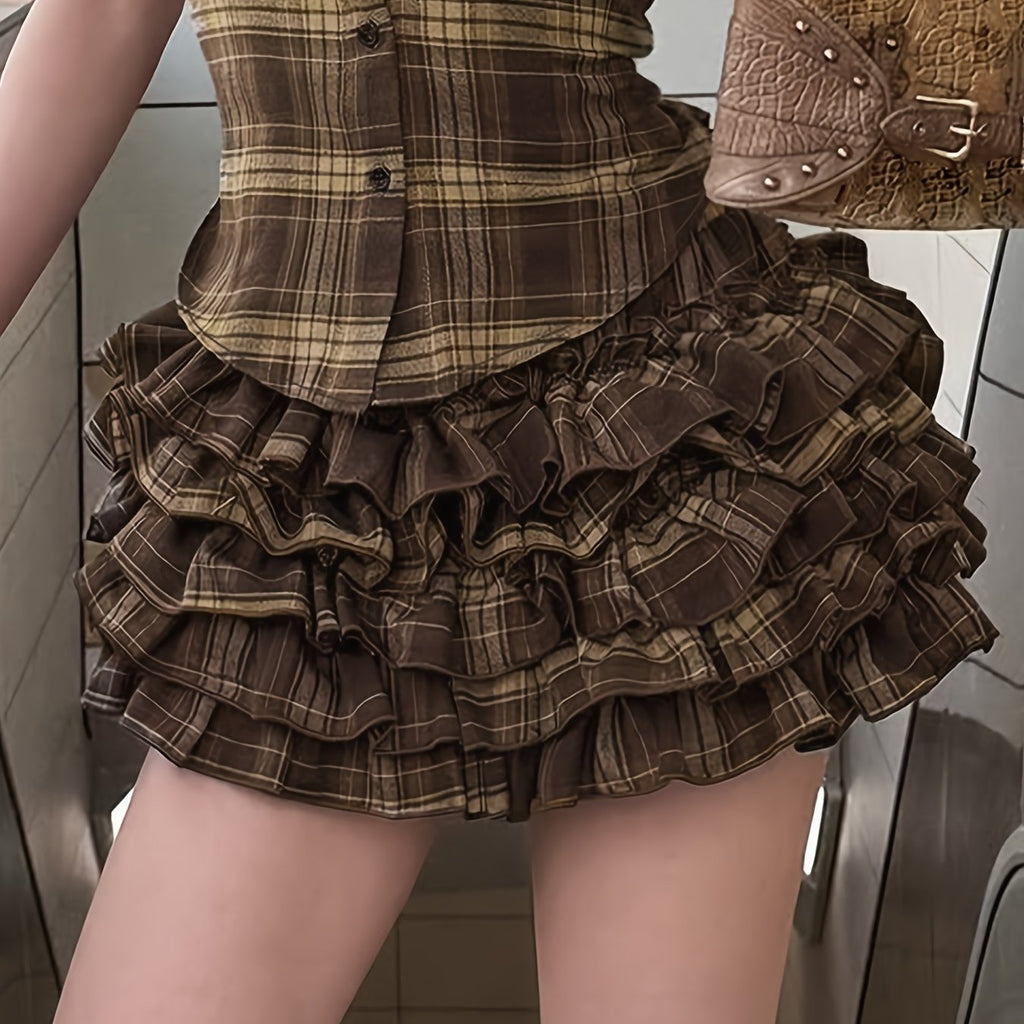 Brown Plaid Mini Skirt