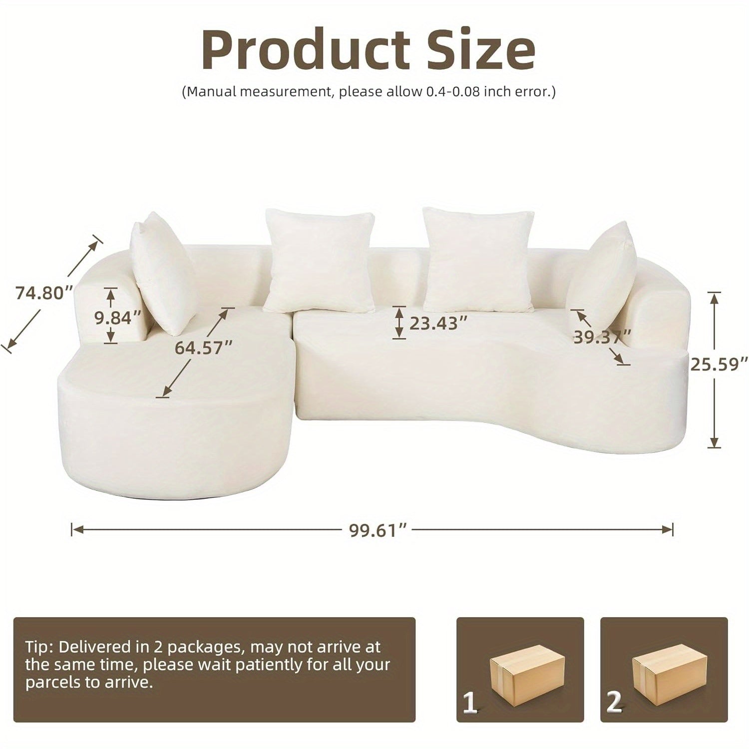 100'' Modern Curved Sofa Couch With Chaise And 4 Pillows