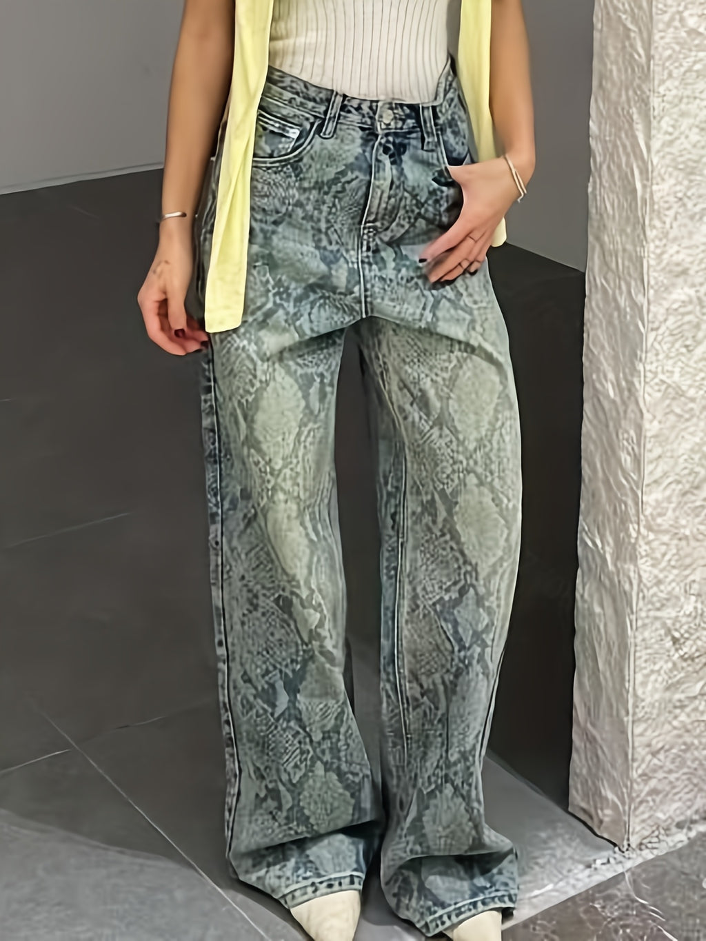 High-Waisted Wash Blue Distressed Snakeskin Print Wide-Leg Jeans