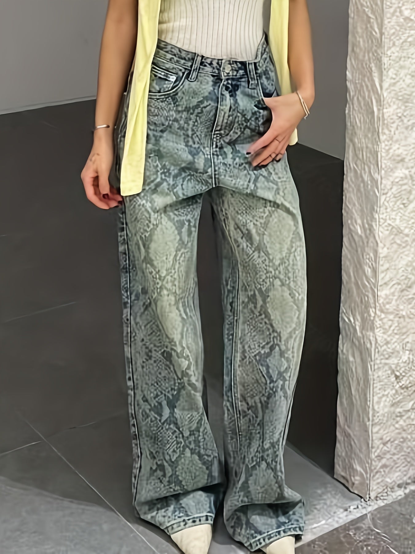 High-Waisted Wash Blue Distressed Snakeskin Print Wide-Leg Jeans