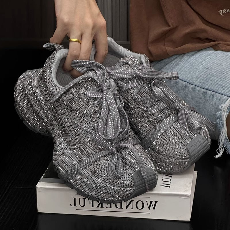 Rhinestone-Adorned Thick-Soled Dad Sneakers